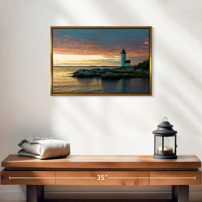 Coucher de soleil sur le phare d'Annisquam, 19 po x 13 po, Cadre flottant doré