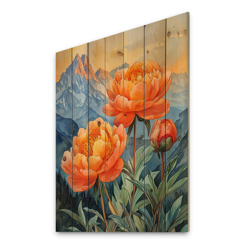 Les pivoines d'été et le lever du soleil I - impression de pivoines sur bois de pin naturel, H 44 po x l 34 po x P 0,78 po