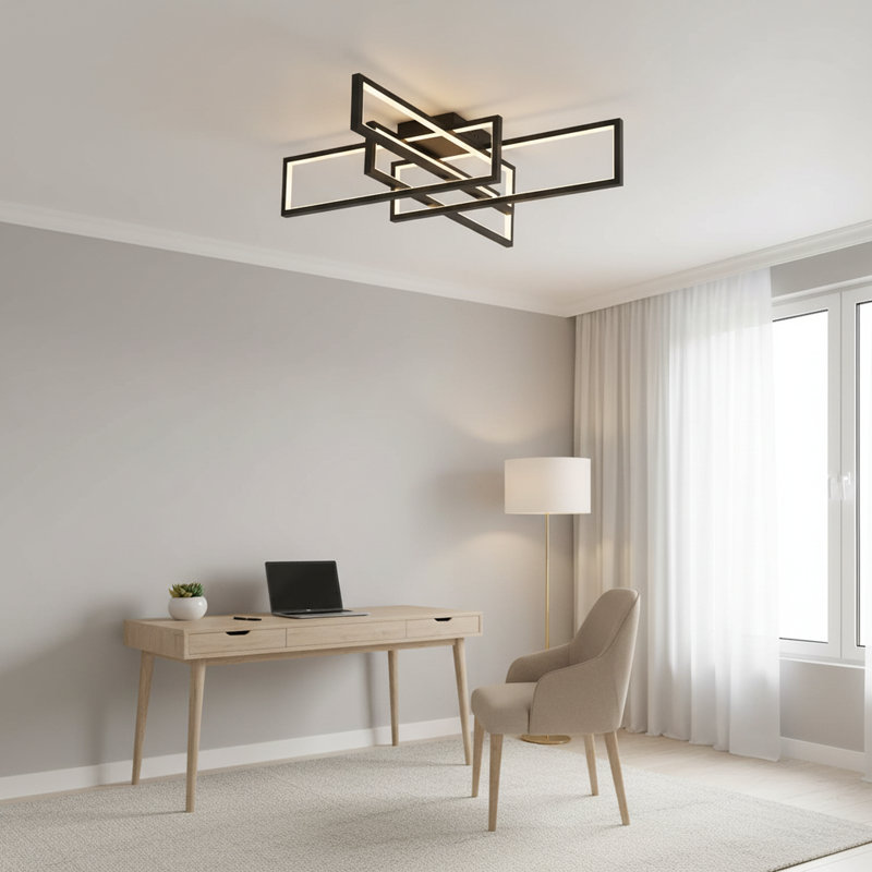 Ashlock 4-Light Modern LED Flush Mount Ceiling Fixture with Remote Control , Matte Black, 6.3" H x 32.3" W x 32.3" D