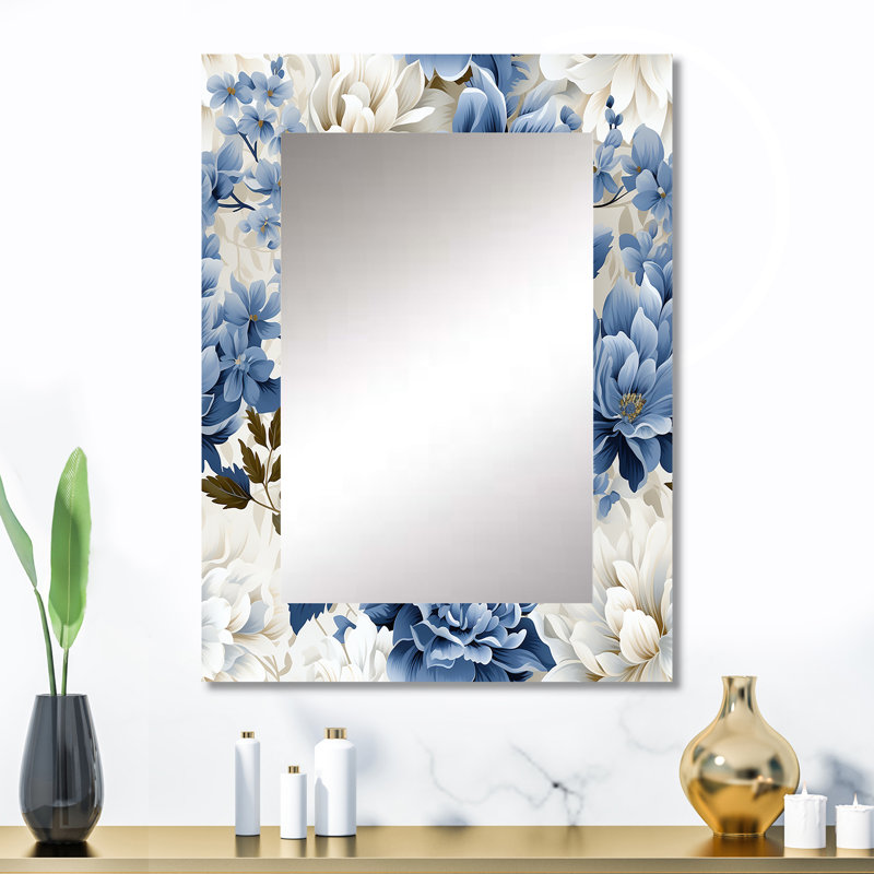 Motif victorien floral bleu et blanc Antoanela - miroir mural floral, 32 po x 24 po