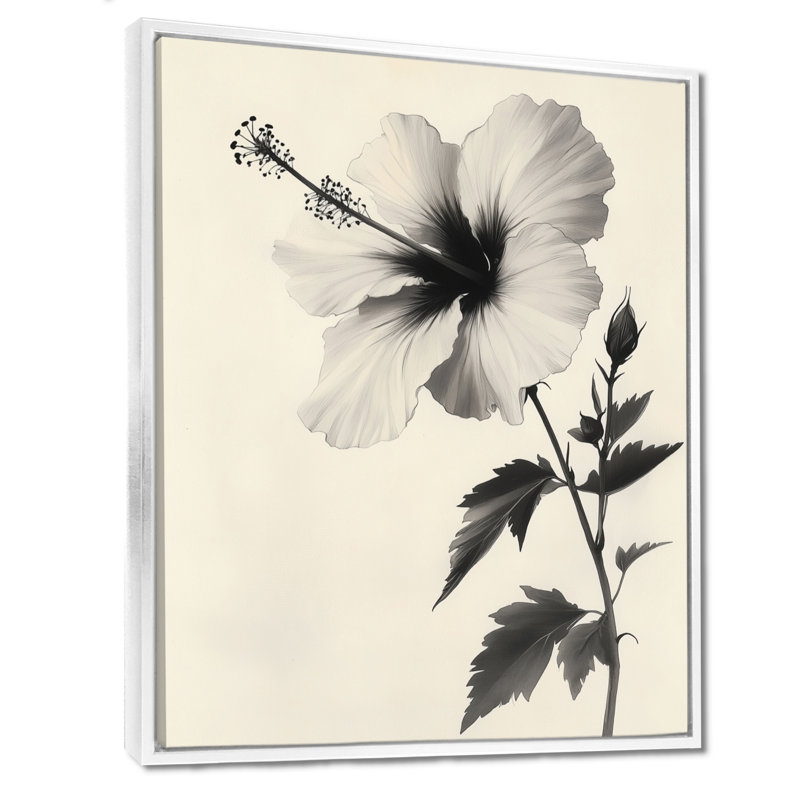 Tige d'hibiscus esquissée - Tableau botanique beige encadré sur toile, H 32 po x l 24 po, Cadre flottant blanc