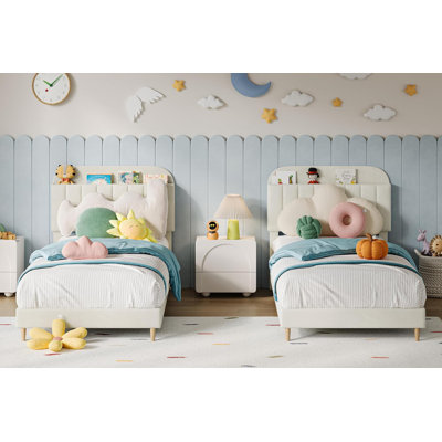 2Pcs Twin Upholstered Bed Frames with Bookcase Headboard, Velvet Platform with Steel Support, Easy Assembly, Cream White