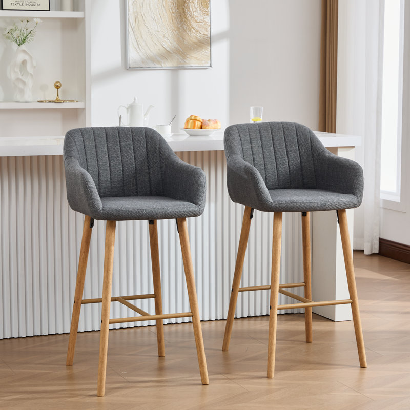29.5'' Linen Upholstered Bar Stool with Wooden Legs, Gray