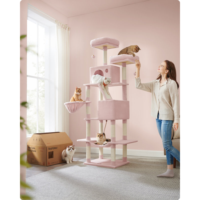 Arbre à chat 81,1 po avec 13 poteaux à griffer, condo pour chat à plusieurs niveaux, Gelée rose
