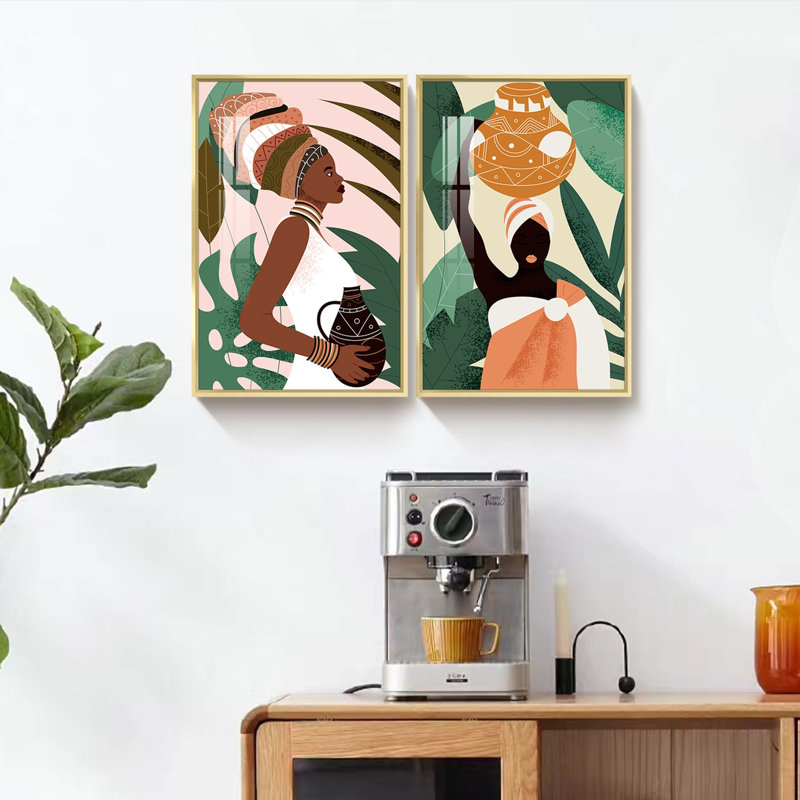 "Boho", art mural sur toile 2 pièces, femme noire avec impression d'art moderne terre cuite, H 16 po x l 24 po x P 2,6 po, Or