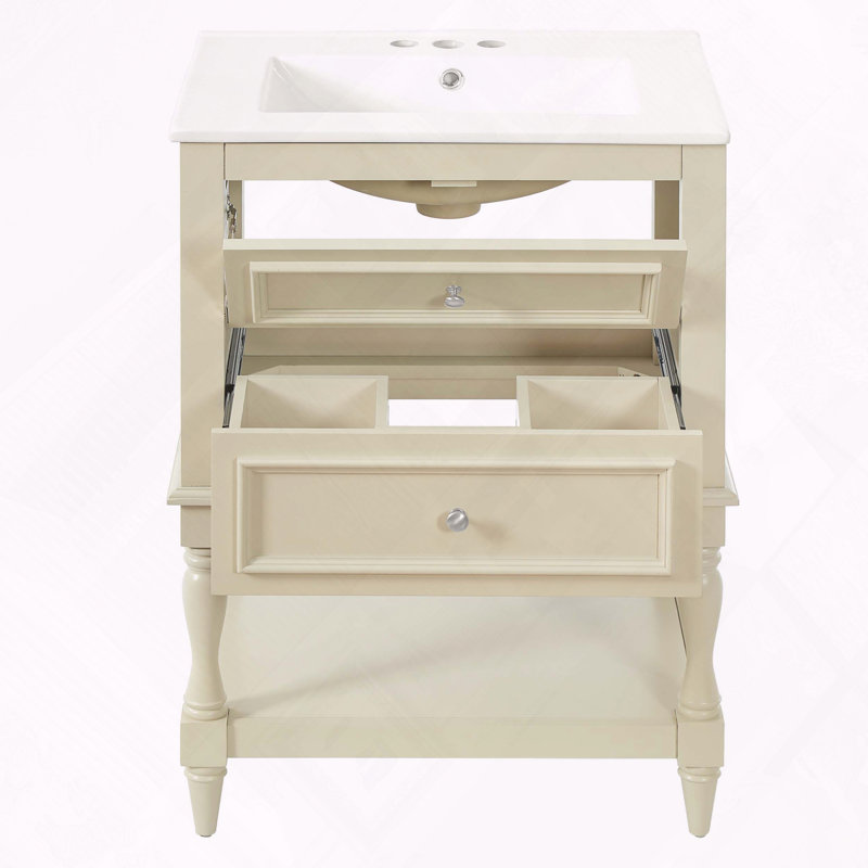 Meuble-lavabo rétro avec lavabo et rangement en céramique, Beige