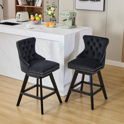 Swivel Velvet With Button Decoration, Wooden Legs, Nailhead Trim, Soft Foam & Steel Spring Cushioning, Curved Back, Black, 2 Chairs For Dining Space Tufting, Legs 360 Rotatable Seat, Padding, Back