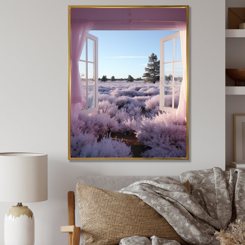 Lavande, prairie, vue de fenêtre 4 - prairie, art mural, Cadre flottant doré, H 60 po x l 28 po