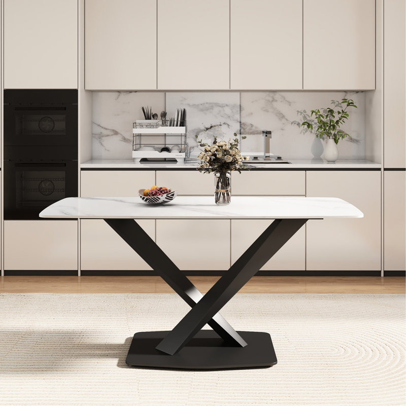 Table de salle à manger rectangulaire en pierre frittée blanche de 63 po avec pieds en métal en forme de X noir pour 6 personnes, résistant au feu et facile à nettoyer