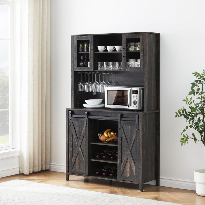 70" Tall Farmhouse Coffee Bar Cabinet With Sliding Barn Doors, Ample Storage Shelves, Black