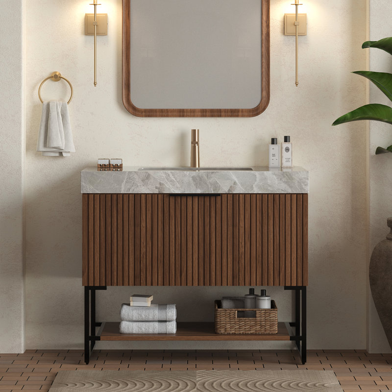 Meuble-lavabo 36 po avec lavabo en céramique Mary, tiroir et tablette Mary, Noyer foncé/noir