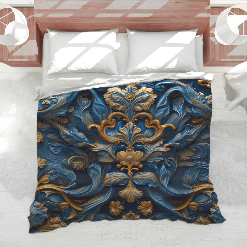 Blue Gold Baroque Pattern Comforter, Queen