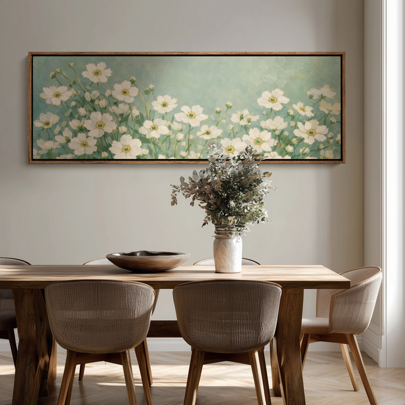 «White Daisy Meadow» sur fond vert doux, reproduction d'art encadrée, H 20 po x l 60 po, Naturel