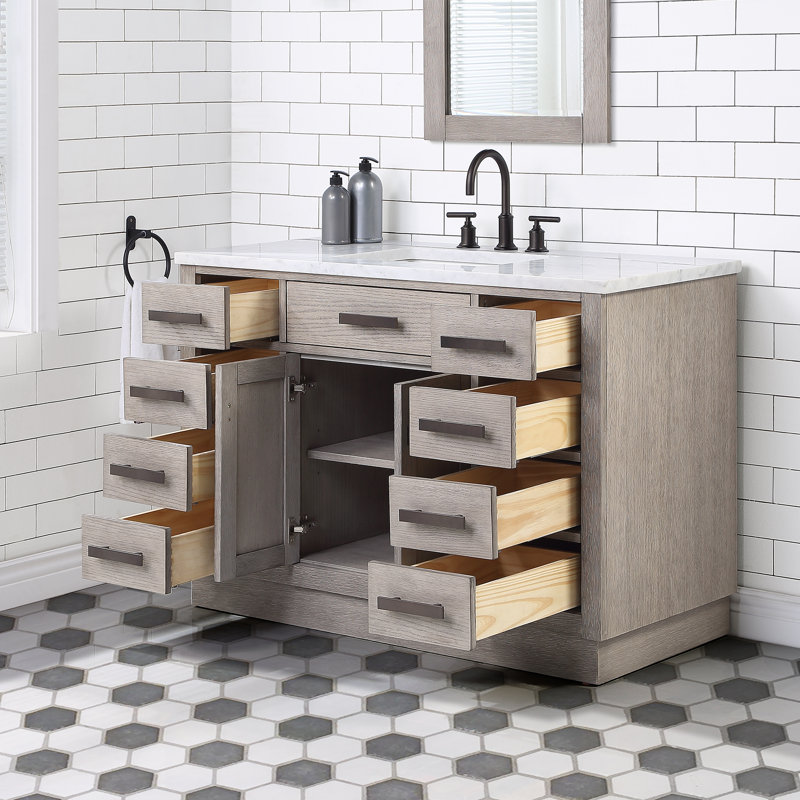 Chestnut 48" Carrara White Marble Countertop Bath Vanity with Mirror, Gray Oak