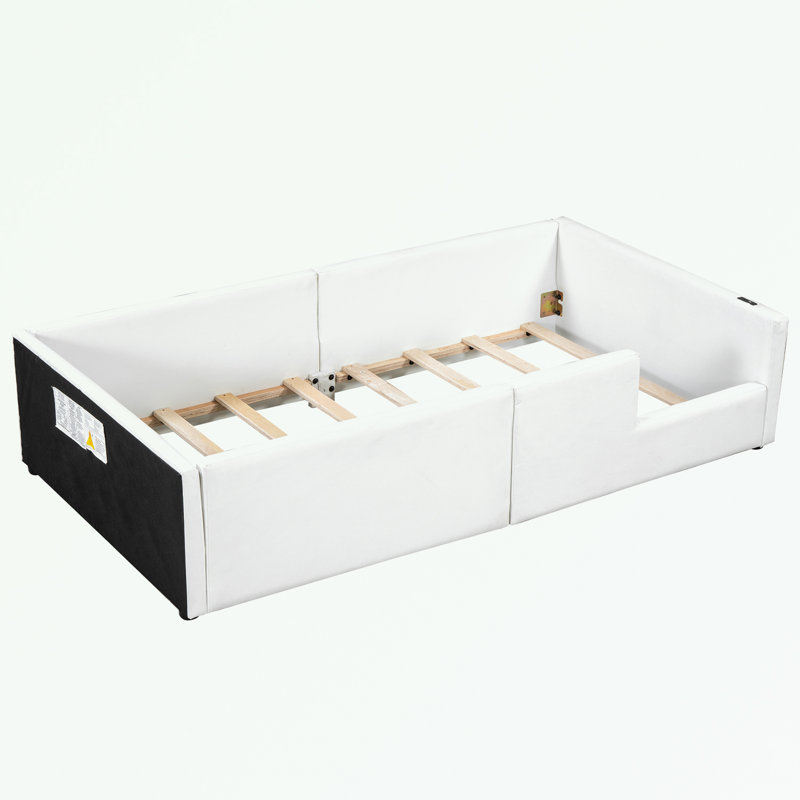 Lit plateforme simple tapissier avec garde-corps et station de charge, Blanc