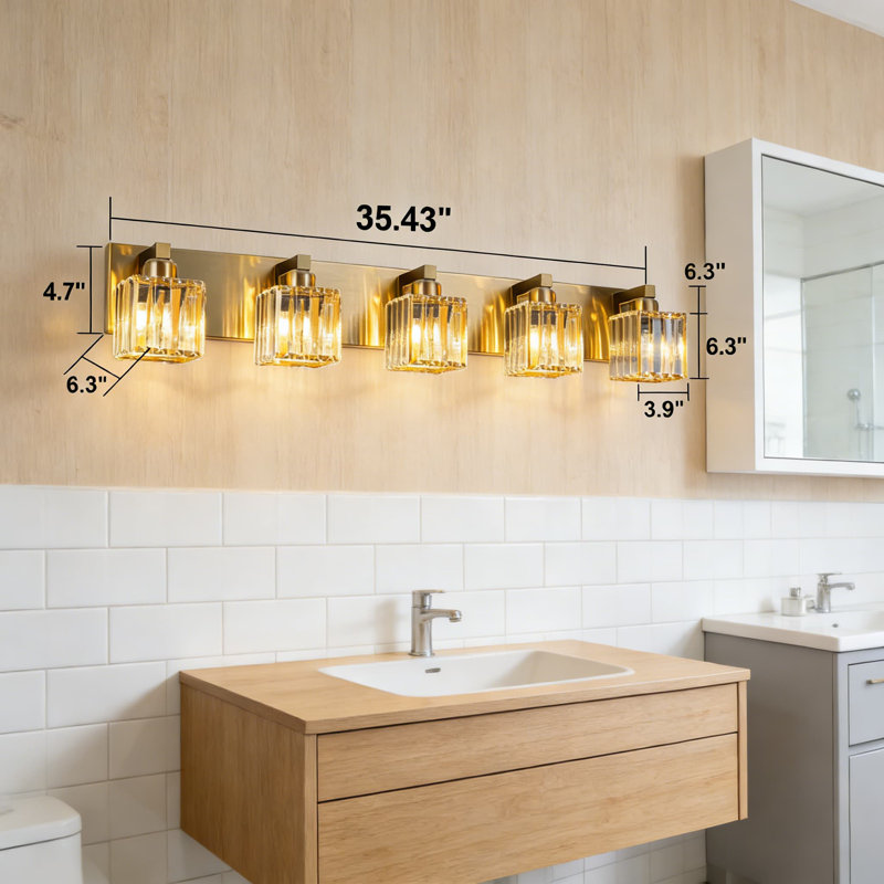 Luminaire pour meuble-lavabo de salle de bain Modern Gold Crystal, Doré, 5, H 6,3 po x l 35,43 po x P 6,3 po