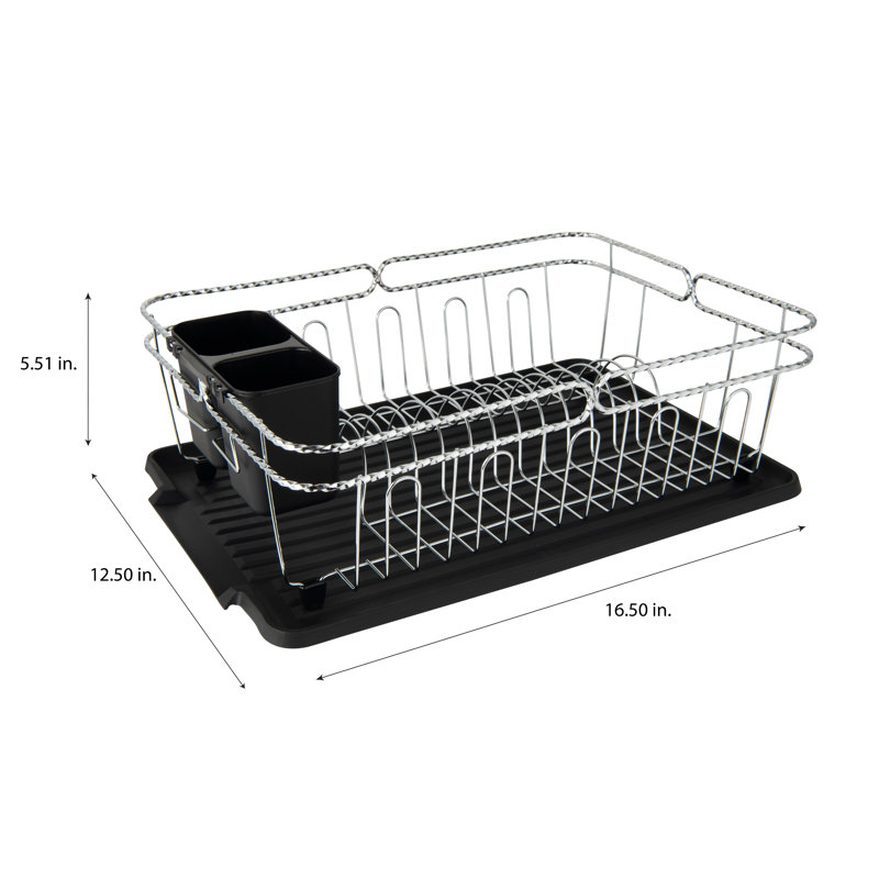 Black and Chrome Metal Countertop Dish Rack with Utensil Cup