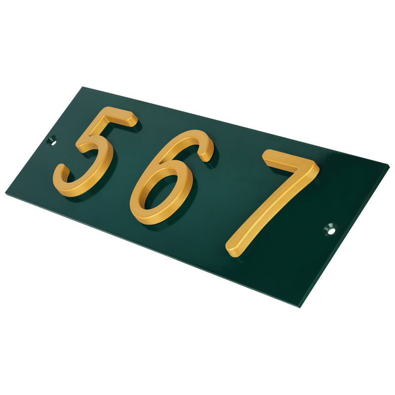 Plaque d'adresse horizontale en aluminium Royal Shade - à 3 chiffres sur mesure, Vert, Doré, Oui