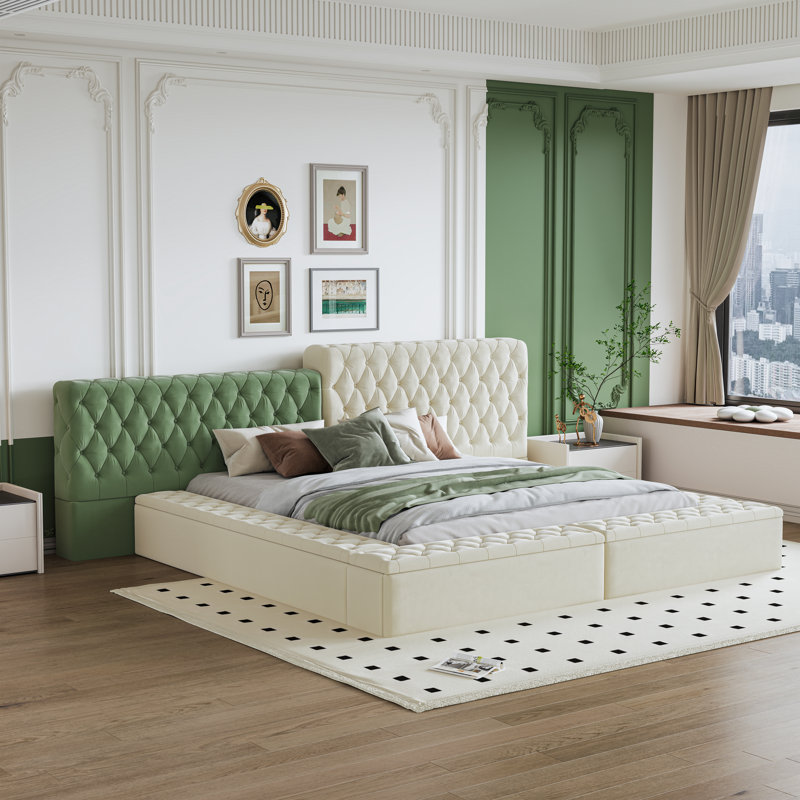 Contemporary Special-Shaped Fully Upholstered Bed With Deep Button Tufting And Storage Compartments In Rails And Footboard,No Box Spring Needed,,Beige