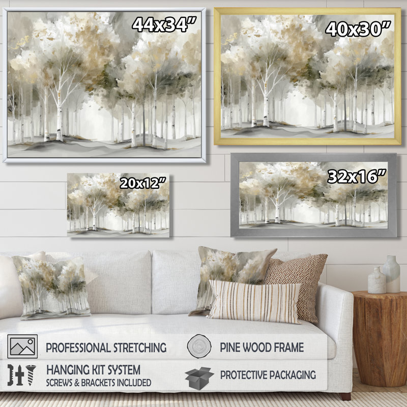 «Autumn Forest Birch Trees In Canada - Birch», reproduction d'art sur toile grise, H 30 po x l 40 po, Cadre flottant, Doré
