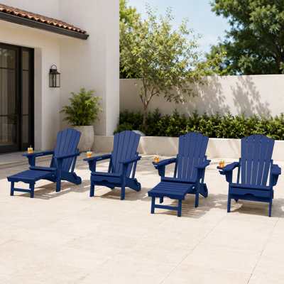 Navy Blue Outdoor HDPE Folding Adirondack Chair with Retractable Ottoman and Cup Holder (Set of 2)