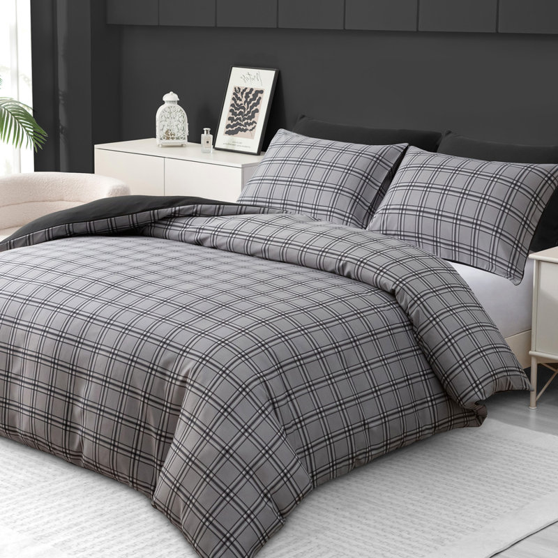 Microfiber Geometric Duvet Cover Set, Superking, Black & Grey