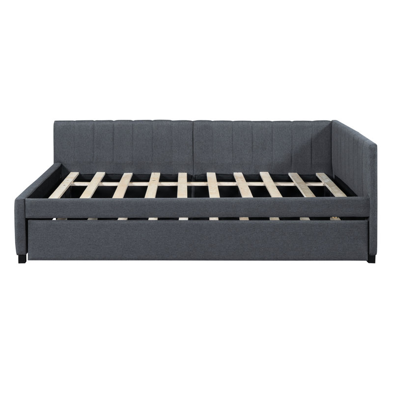 Gray Linen Upholstered Daybed With Trundle, Stable Bed Frame, No Box Spring Full Sized In Not Needed, Classic Style For Reliability And Space Saving