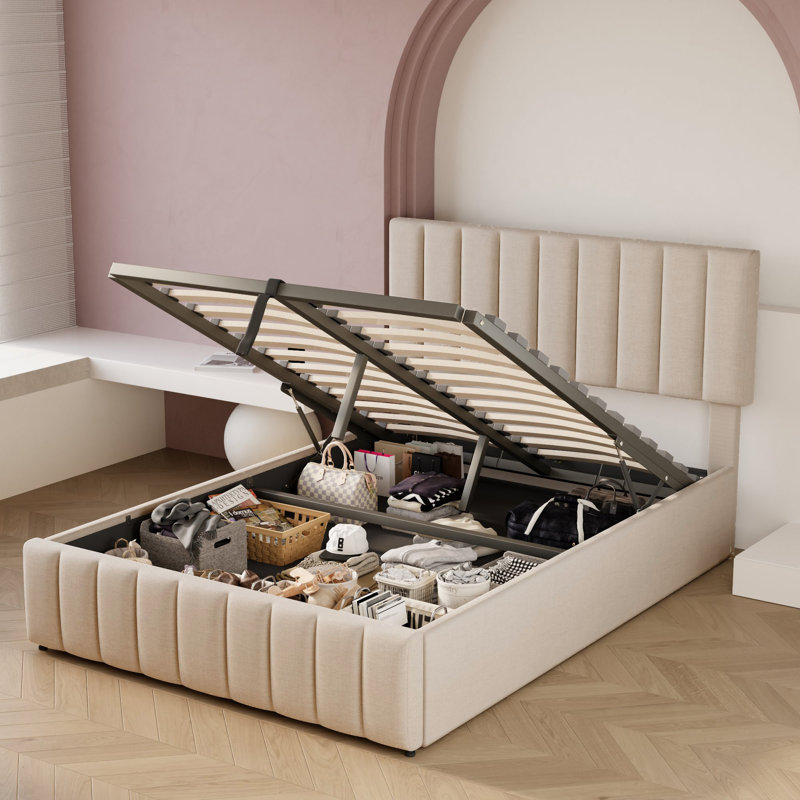 Juhi Upholstered Tufted Linen Platform Bed with Lift-up Storage and Reinforced Slat Support, Queen, Beige