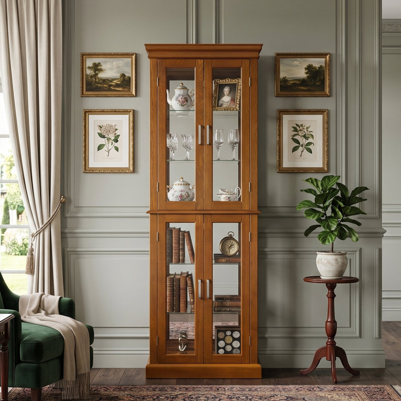 Ahriya Diapaly Dining Cabinet with Adjustable Shelves and Mirrored Back Panel, Oak