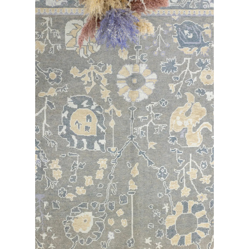 Tapis gris en laine rétro unique 9 pi 3 po x 12 pi 9 po Vintage