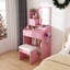 Miroir de coiffeuse 3 couleurs à DEL avec tabouret, coiffeuse rose pour la chambre à coucher, 2 tiroirs et 5 armoires de rangement (4 ouvertes + 1 cachée), éclairage réglable (rose)-2136749680