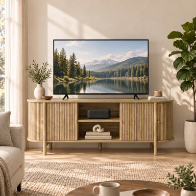 Meuble télé incurvé moderne de 53,9 po avec portes coulissantes en forme de tambour, console multimédia avec tablette réglable, noyer