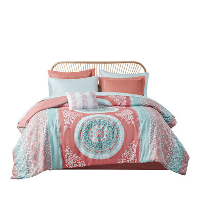 Machine Washable Coral Medallion Comforter And Sheet - Full Size Embroidered Border Bedding With Sheets