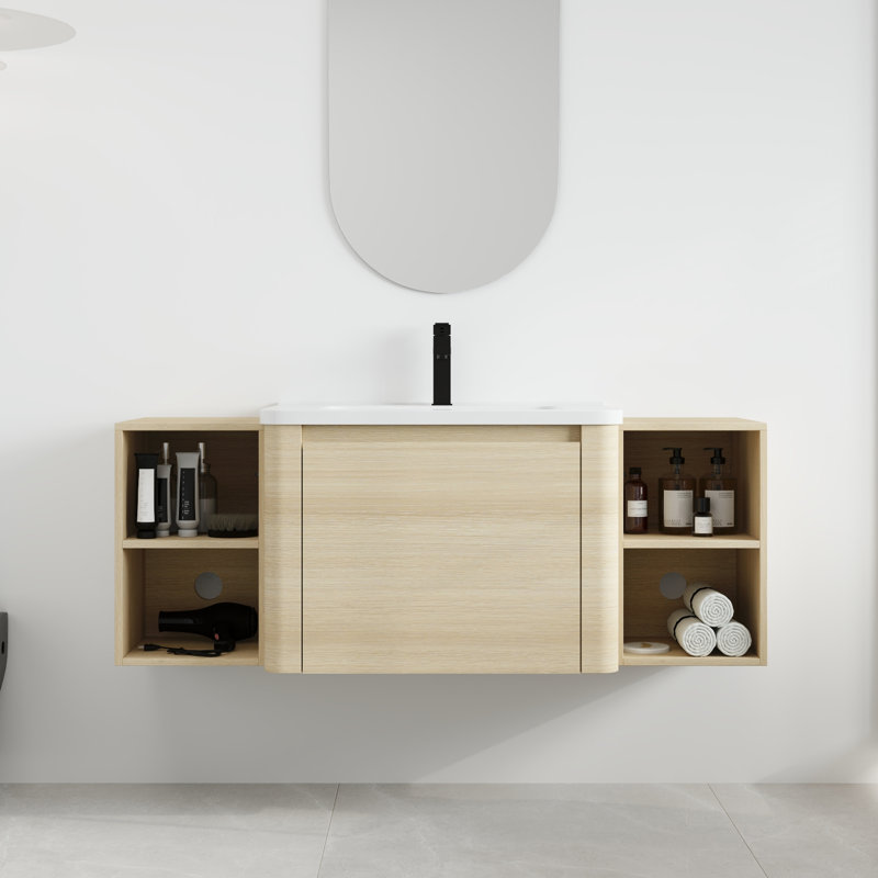 Narnby 52'' Wall-Mounted Single Bathroom Vanity With Ceramic Top, White Oak, 52" W