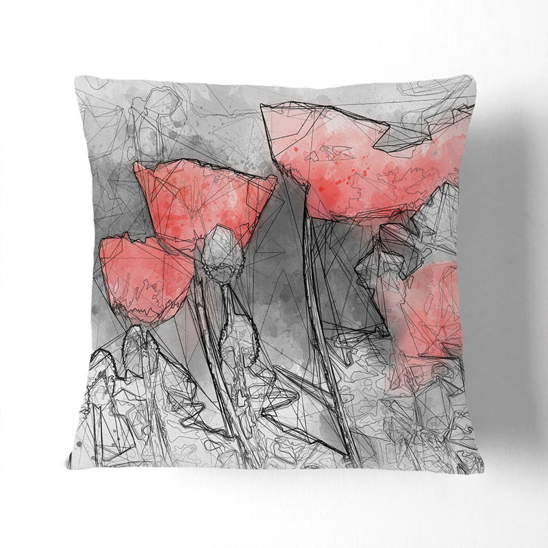 Poppy Field Sketch Cushion with Filling, 55cm H x 55cm W x 20cm D, Black