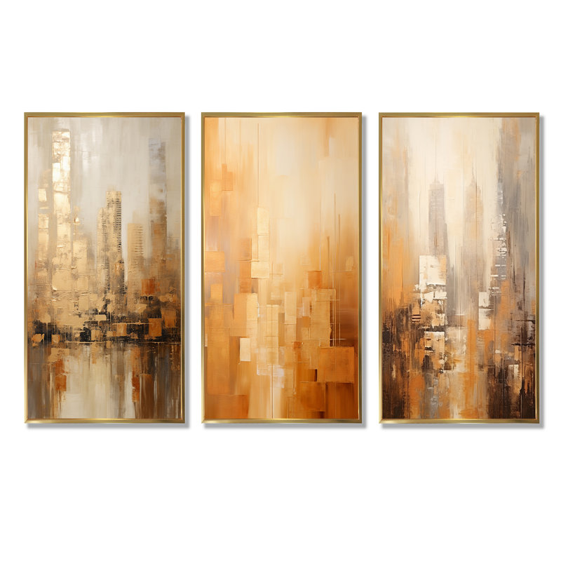 «Kaki Peach Skyscrapers City», ensemble de 3 reproductions d'art sur toile Skyscrapers, Cadre flottant doré