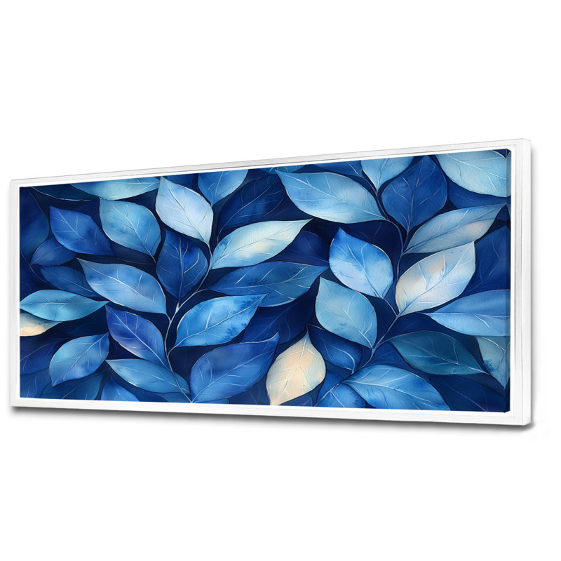 Indigo feuilles feuillage collage IV - feuilles, art mural, H 28 po x l 60 po, Impression encadrée flottante, Blanc