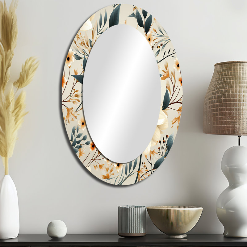 Rudette beige rustique rustique floral bouquet de fleurs - grand miroir floral, miroir mural décoratif de campagne, art en métal imprimé
