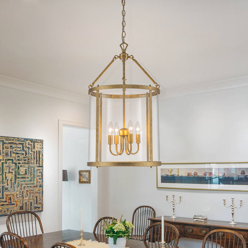 4 - Light Dimmable Lantern Drum Chandelier, Transparent, Antique Gold