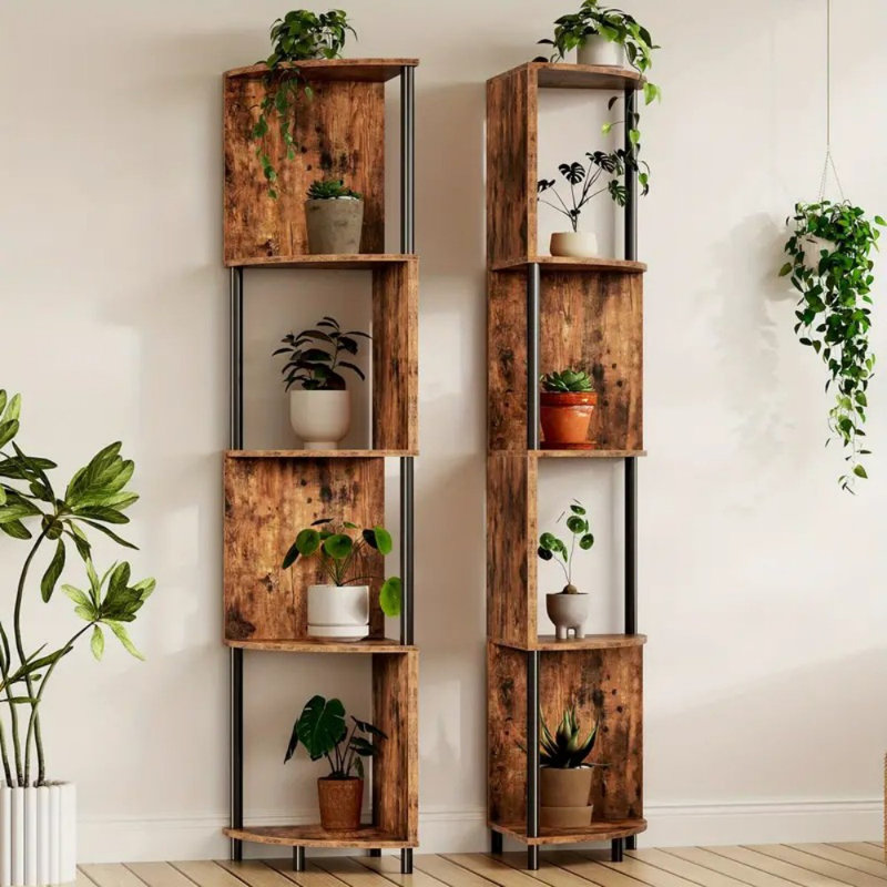 Corner Shelf Stand, 5-Tier Corner Bookshelf, Industrial Corner Shelf Display Rack, Tall Plant Stand Corner Bookcase For Small Spaces, Living Room, Bedroom, Kitchen, Rustic Brown