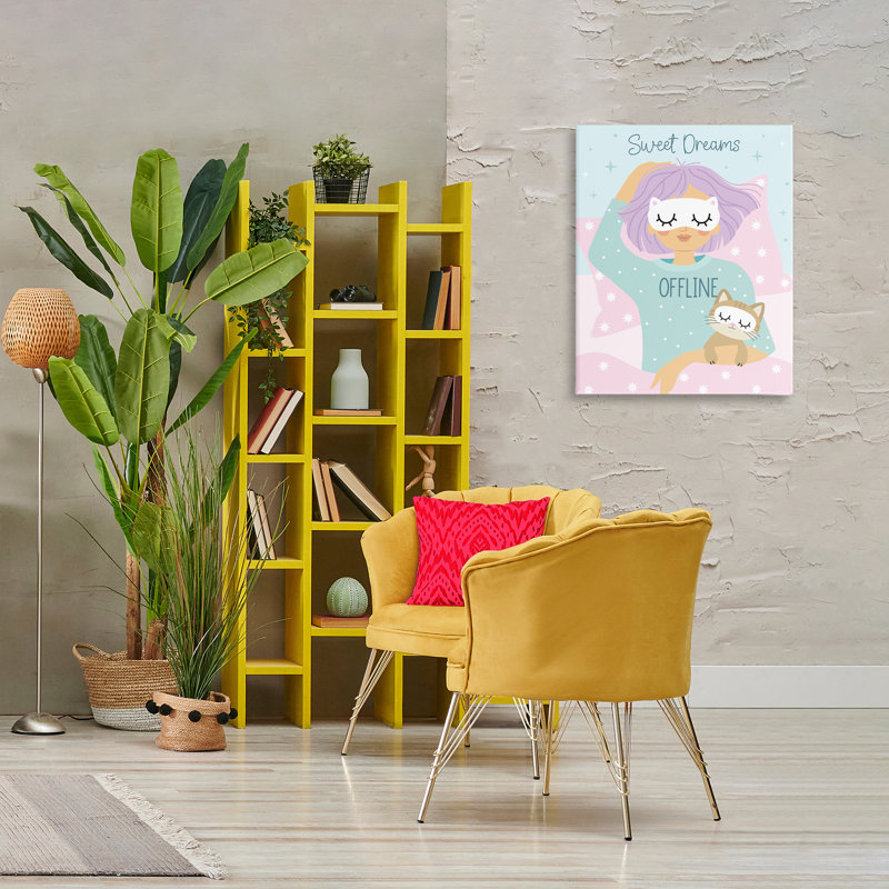 Art mural sur toile Sweet Dreams Girl & Cat par Ilis Avilés, H 30 po x l 24 po