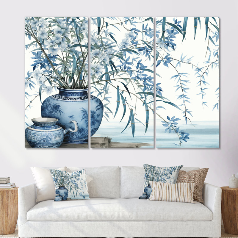 Ensemble de salon d'art mural en bambou, sérénité chinoise en bambou bleu, Toile tendue, H 28 po x l 36 po x P 1 po