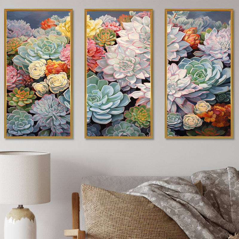 Blue Succulent Dessert Charm - Ensemble de décorations murales succulentes, Cadre flottant doré, H 40 po x l 60 po x P 1 po