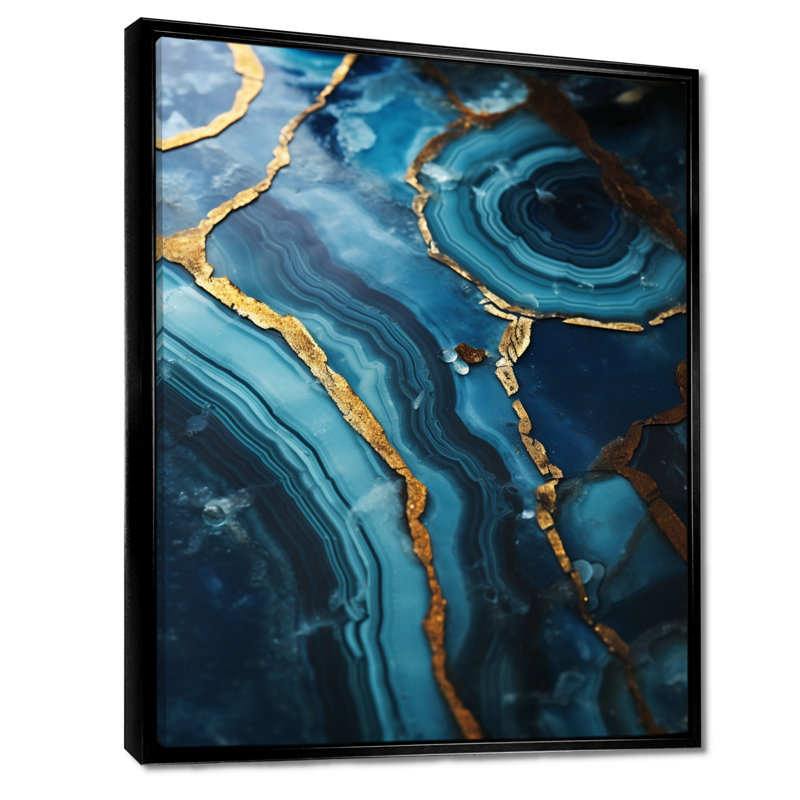 Art mural bleu sarcelle Agate Waves of Glam Gold I, Cadre flottant noir, H 20 po x l 12 po