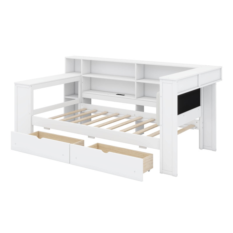 Corner Bed Frame With Storage Shelves,  Daybed With Drawers, Charging Station And LED Light, Twin, White/Beige