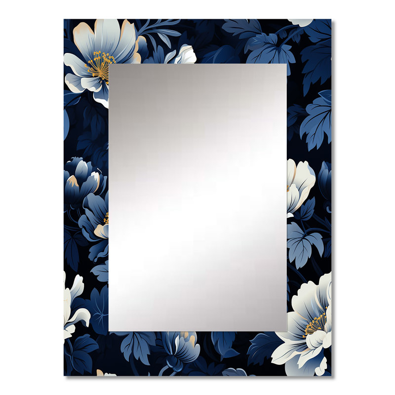 Heflin Nightfall Dark Blue And White  Floral Pattern - Floral Decorative Wall Mirror, Floral Mirror, Printed Metal Art