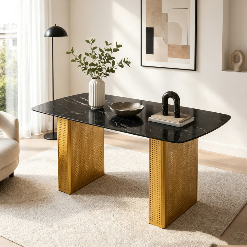 Table de salle à manger rectangulaire moderne en verre trempé avec motif en marbre, Noir et or