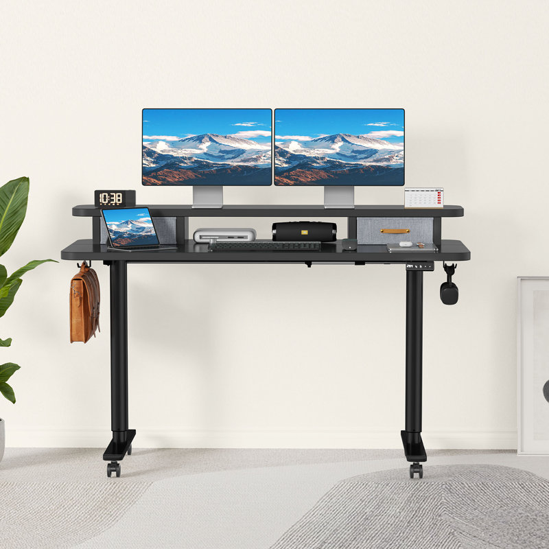 Home Office Height Adjustable Standing Gaming Desk With Dual Drawers, Black, 55" W x 23.6" D
