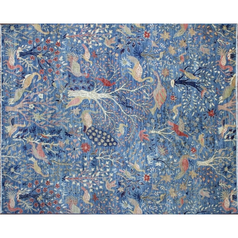 Birds Collection, Contemporary, Transitional Hand Knotted Wool Area Rug in Blue