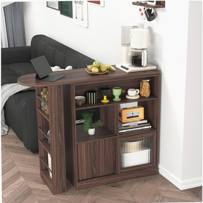 Modern Bar Cabinet with Rotating top, Counter Height Dining Cabinet with 6 Storage space and 2 Ribbed Glass Door for Kitchen, The Rotating Top with 3